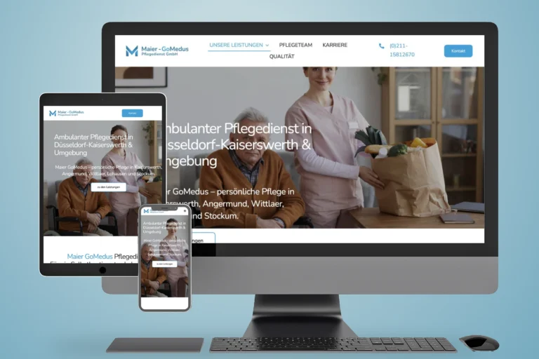 Website von Maier GoMedus Pflegedienst auf Monitor, Tablet und Smartphone vor hellblauem Hintergrund.