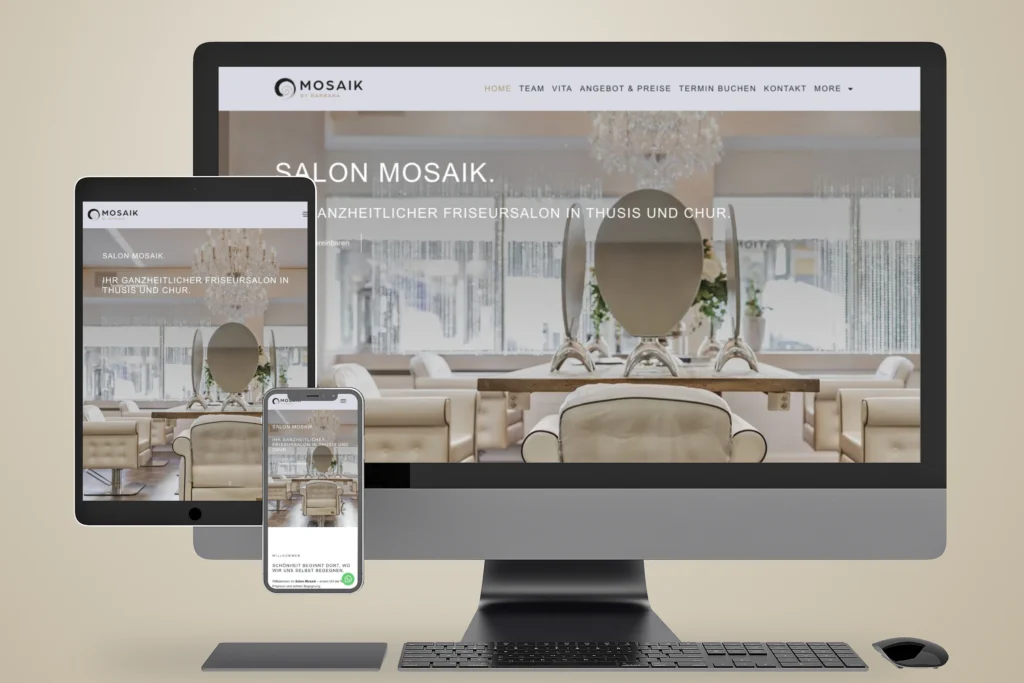 Website von Salon Mosaik im frontalen Mockup mit Monitor, Tablet und Smartphone aus der Vorlage 2.psd.