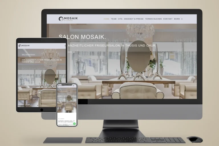 Website von Salon Mosaik im frontalen Mockup mit Monitor, Tablet und Smartphone aus der Vorlage 2.psd.