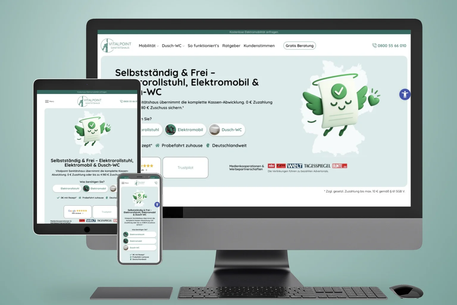 Website von Vitalpoint im frontalen Mockup mit Monitor, Tablet und Smartphone aus der Vorlage 2.psd.